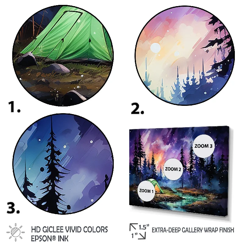 Designart "Northern Lights Camping Escape III" Camping Travel Set Of 5 - Country Oversized Canvas Wall Art For Entryway