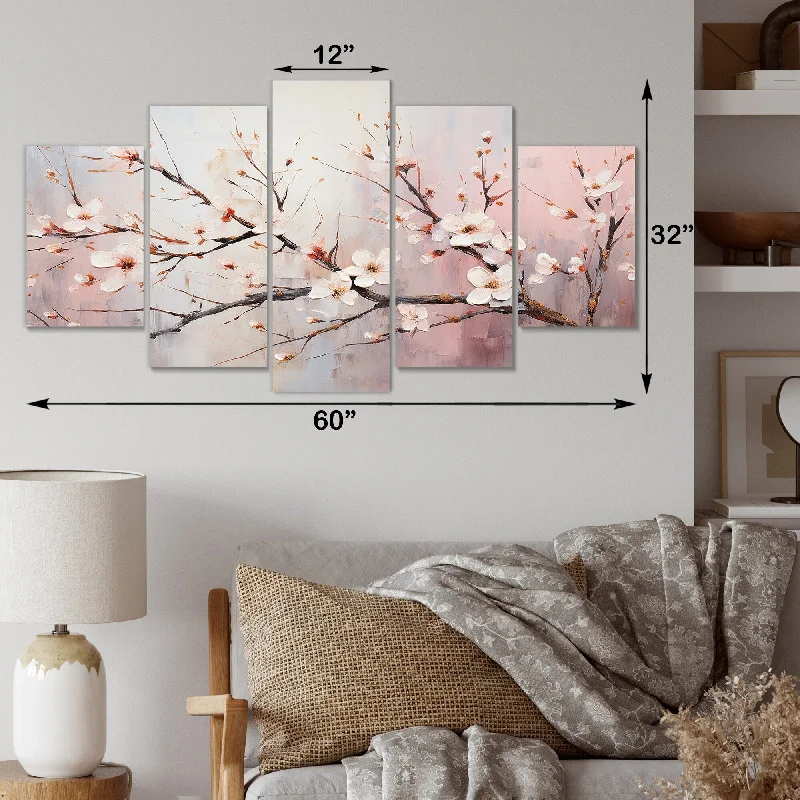 Designart "Pink And White Charming Spring Blooms" Flowers Set Of 5 Traditional Oversized Canvas Wall Art For Entryway