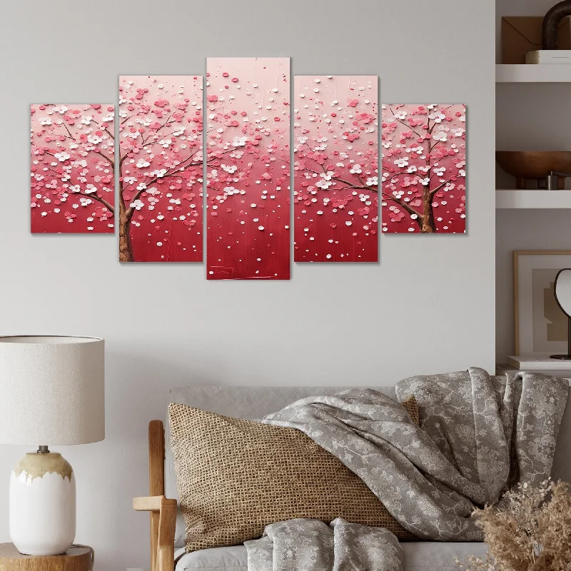 Designart "Pink And White Cherry Blossom Tree I" Cherry Set Of 5 - Traditional Oversized Wall Decor Art For Living Room