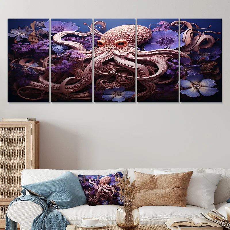 Designart "Purple Oasis Of Octopus II" Purple Coastal Animal Set Of 5 - Coastal Oversized Wall Art Decor For Hallway