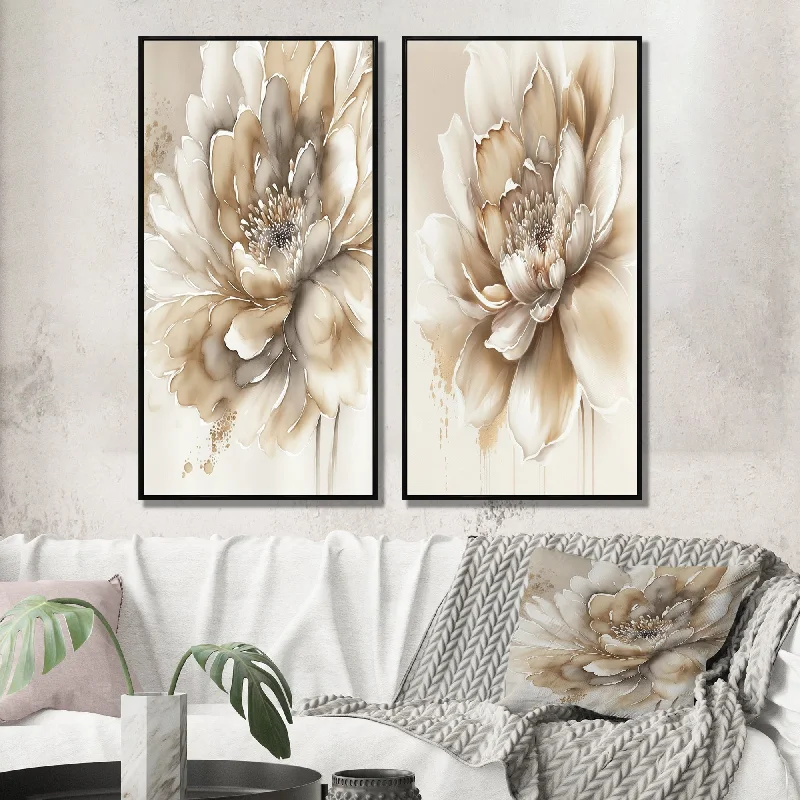 Designart "Single Beige Flower" Floral Framed Wall Art Set Of 2 - Beige Canvas Set For Living Room Decor