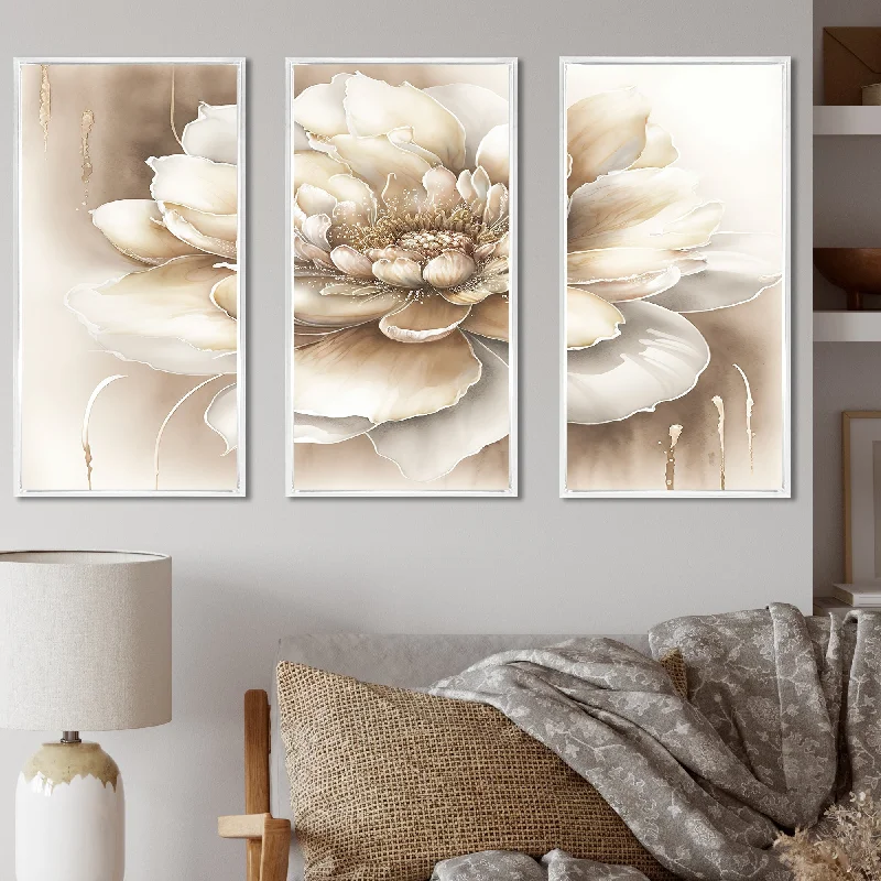 Designart "Single Beige Flower II" Floral Framed Canvas Art Print - 3 Panels