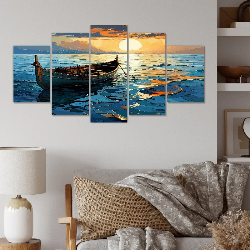 Designart "Sunset Sea Boat Landscape" Blue Coastal Boat Set Of 5 - Coastal Oversized Canvas Art For Bedroom Decor