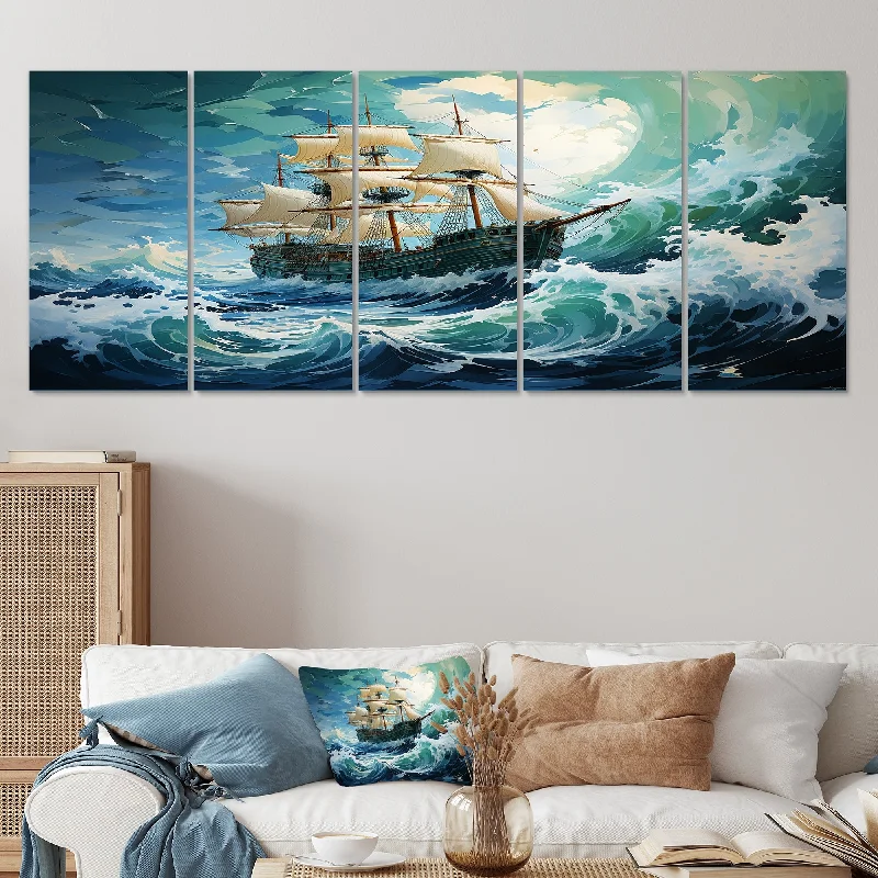 Designart "The Pirate Boat Odyssey S Voyage I" Blue Classics Set Of 5 - Glam Oversized Wall Art Decor For Hallway