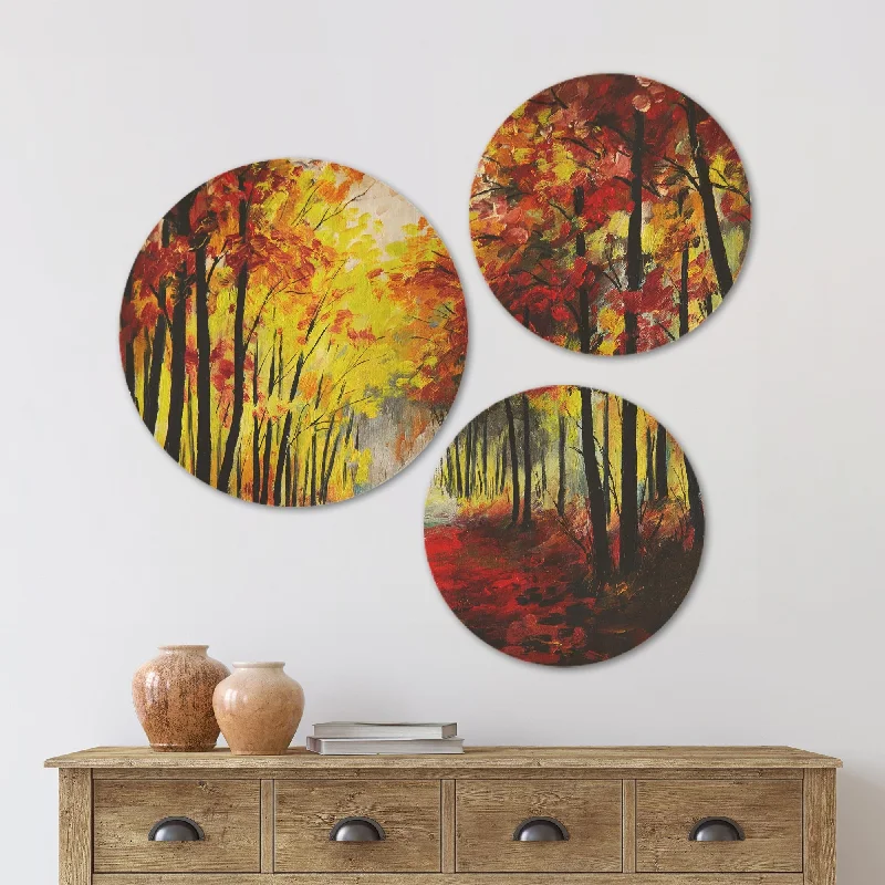 Designart 'Walk Through Autumn Forest' Landscape Wood Wall Art Set of 3 Circles