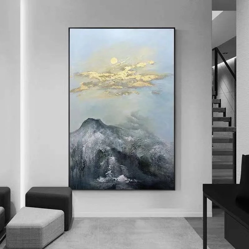 Gold Leaf Art Sun Scenery Painting Black Mountain Landscape Grey Sky Wp064