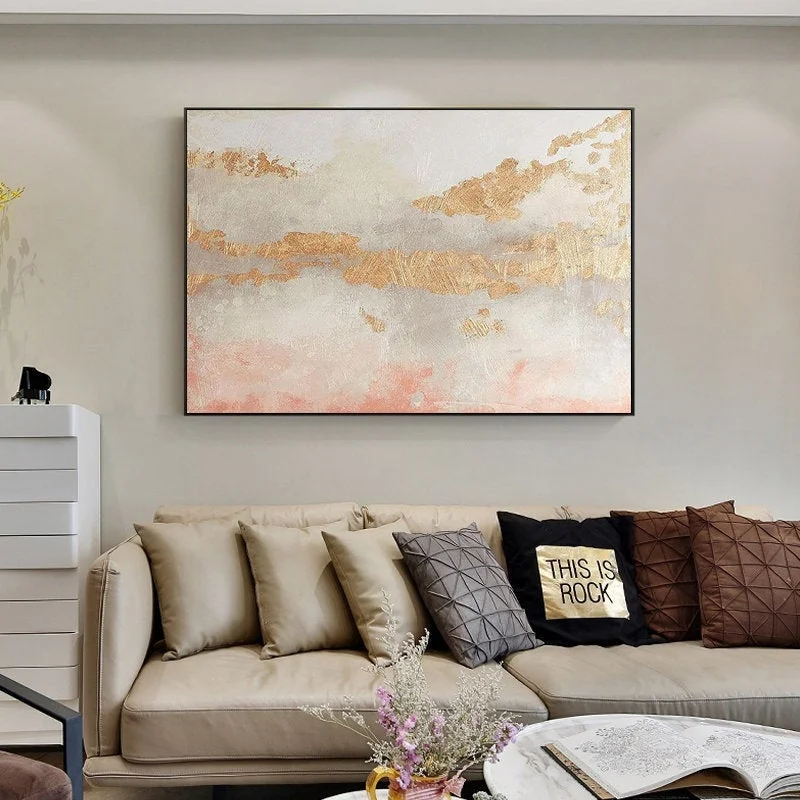 Pink And White Abstract Painting Gold Leaf Art On Canvas Wp034