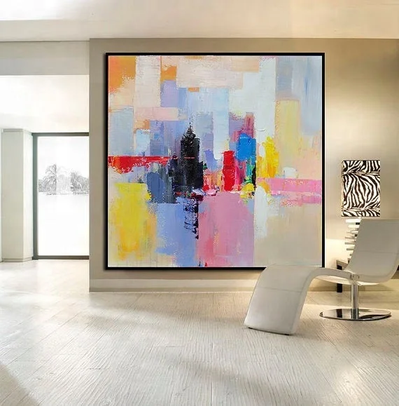 Yellow Blue Red Palette Knife Painting on Canvas Cityscape Wp038