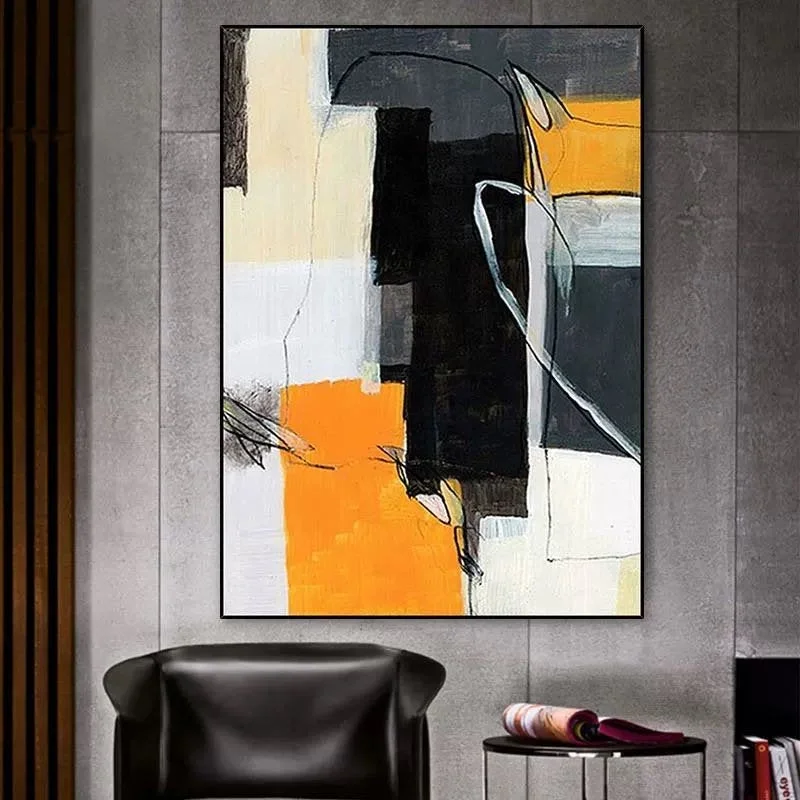 Yellow canvas painting Beige Black painting Geometric Art Wp071